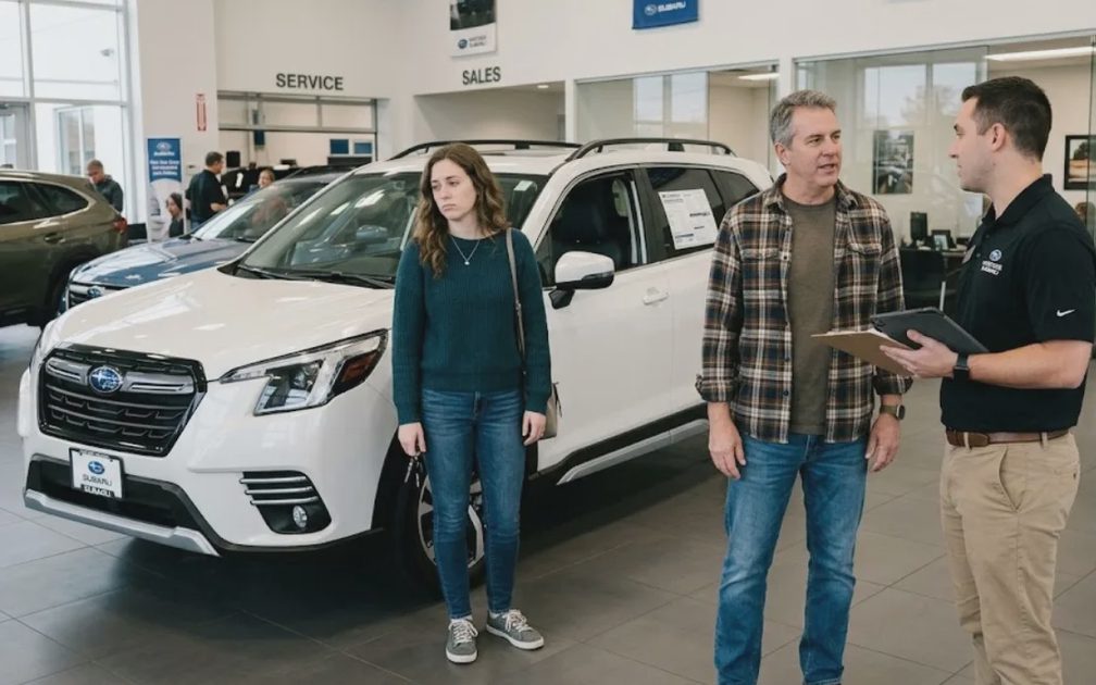 woman and father in subaru car dealership showroom