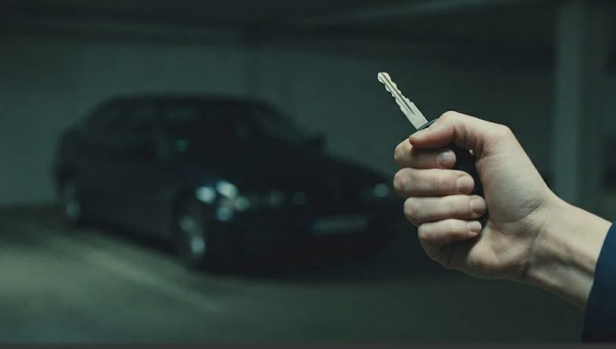 The center of the image shows a woman’s hand tightly gripping car keys.