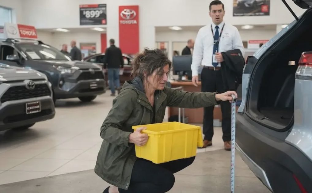 A woman wearing a green jacket is kneeling in a car dealership showroom to measure the trunk lip height of a Toyota