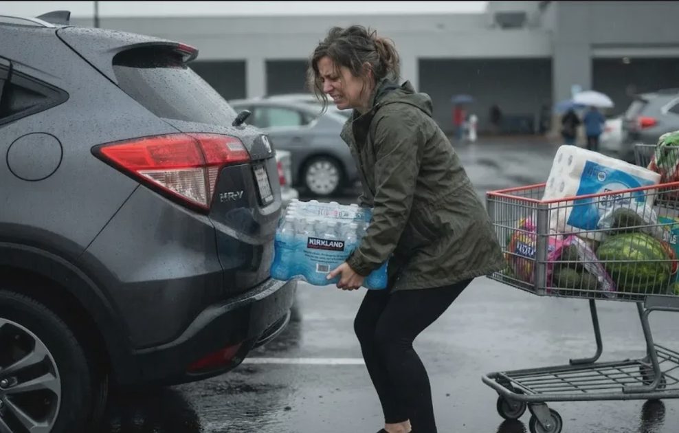 A woman in a rain jacket struggling to lift a heavy case of water over the high trunk lip of a dark compact SUV in a wet Costco parking lot,
 with a loaded shopping cart nearby.
