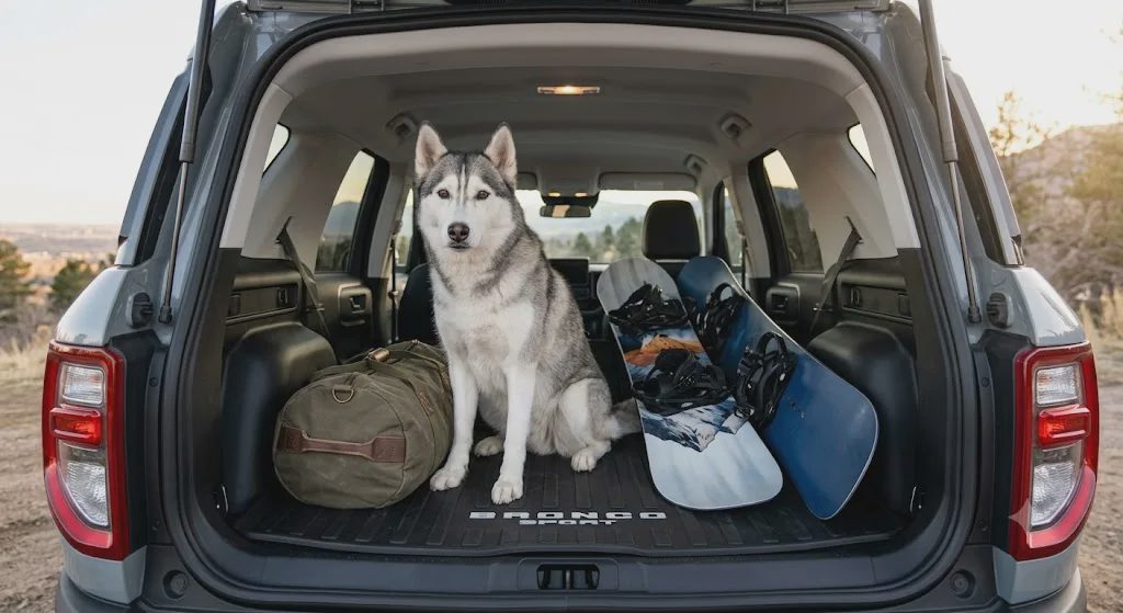 Inside view of a Ford Bronco Sport cargo area filled with outdoor gear and a 60lb husky sitting down to test space capacity.
