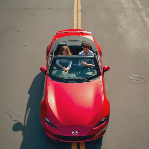 A red Mazda MX-5 is parked in the center of an empty church parking lot, with a man and a woman inside.