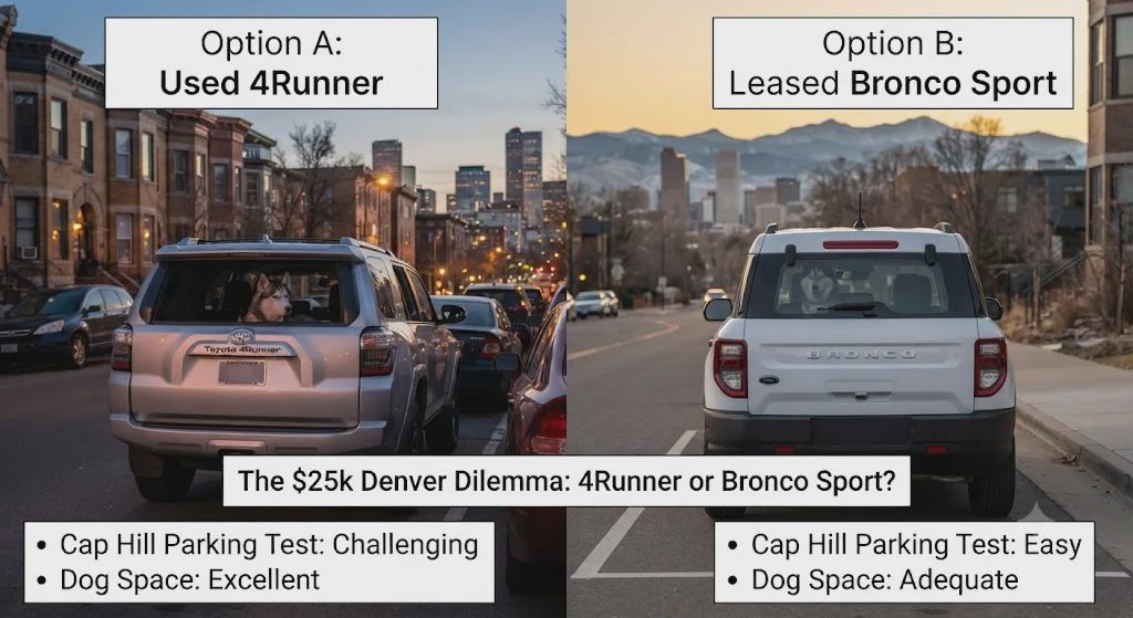 Used 4 Runner vs. Lease Bronco Sport for $25k: Husky & Parking Test
