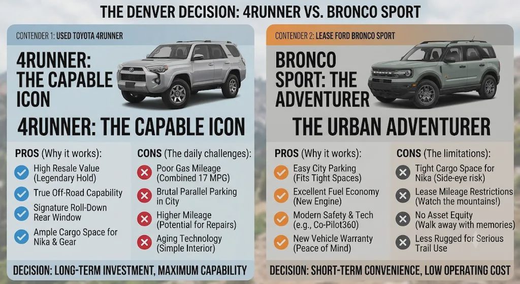 Comparison infographic listing pros and cons for a used Toyota 4Runner versus leasing a Ford Bronco Sport for Denver drivers.