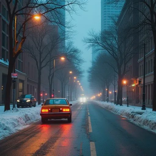 A compact car parked on a iconic Chicago street or roadside after snow