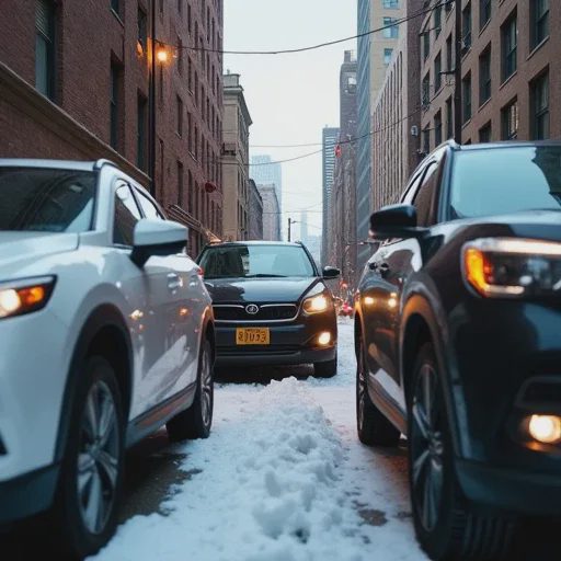A clean compact car (such as a hatchback or sedan) is snugly parked between two large SUVs.