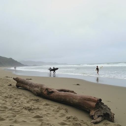 A massive driftwood lies across the beach. In the distance, several surfers carry their surfboards toward the waves.