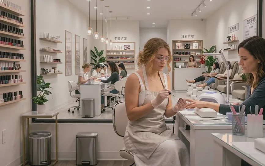 A beautiful nail technician is at work.