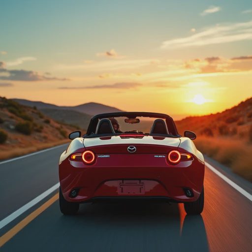 A red Mazda MX-5 RF drives along a winding road in the Texas Hill Country with its roof down.