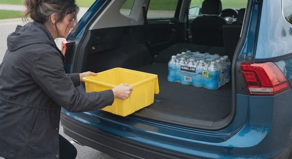 A young woman is taking something from the trunk.