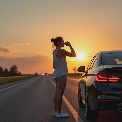 Highway rest stop. A woman stands beside her car, stretching or drinking water.