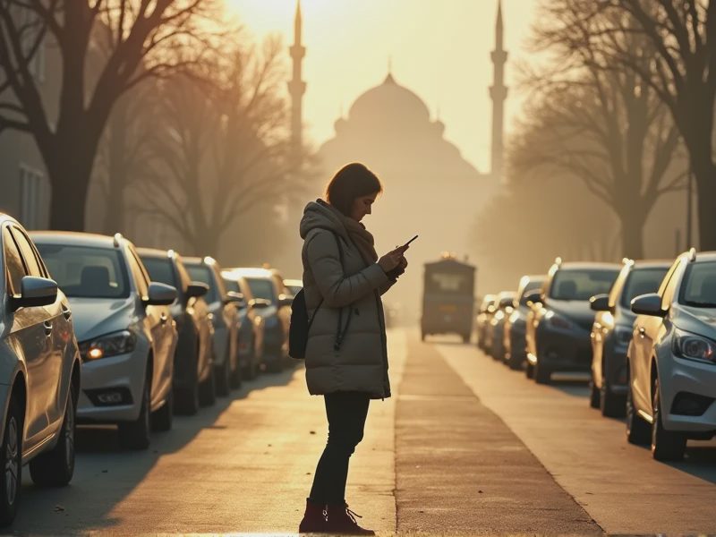 A woman stands in the middle of the road, with cars parked on both sides.