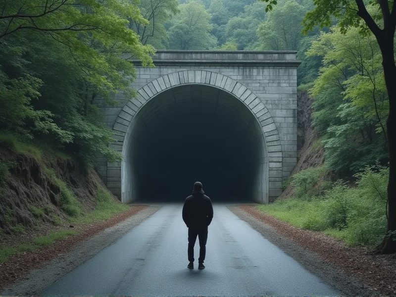 A person stands at the end of an unfinished road, facing the tunnel entrance.