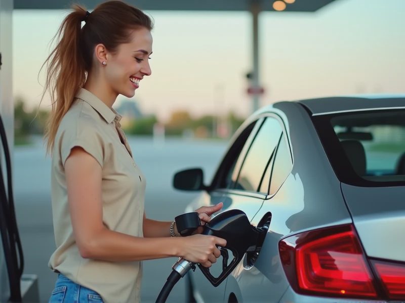 A woman stands beside a Toyota Prius, holding a fuel nozzle and inserting it into the fuel tank opening.
