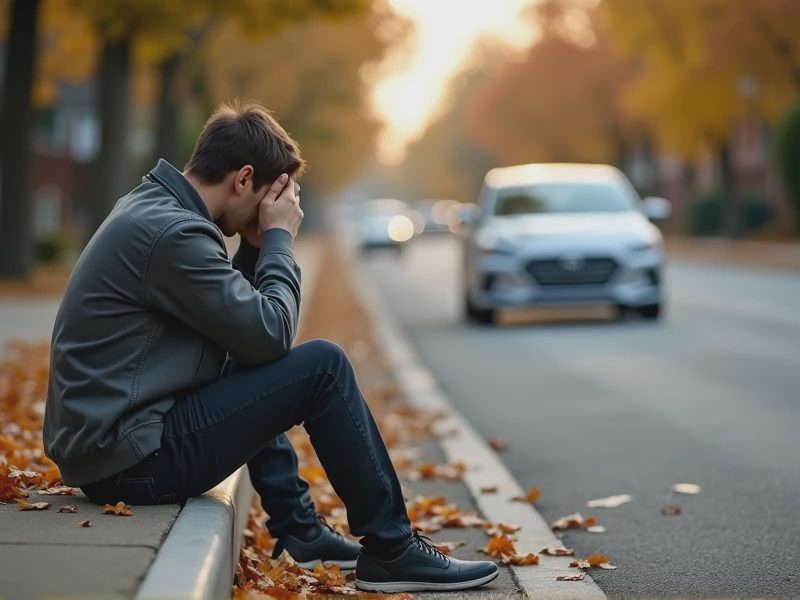 A man sits on a concrete step by the roadside, covering his face with both hands.