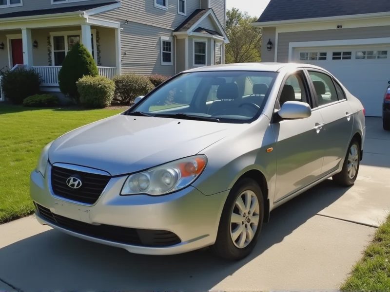 A 2008 silver Hyundai Elantra parked on a quiet suburban driveway