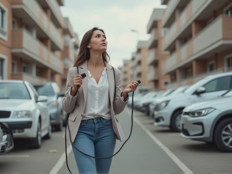A woman is holding an electric vehicle charging gun and searching for a power outlet.