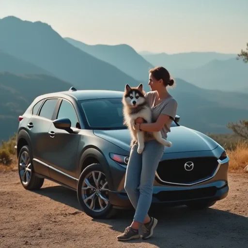 A young woman leaning against a Mazda CX-30, holding a Husky in her arms.