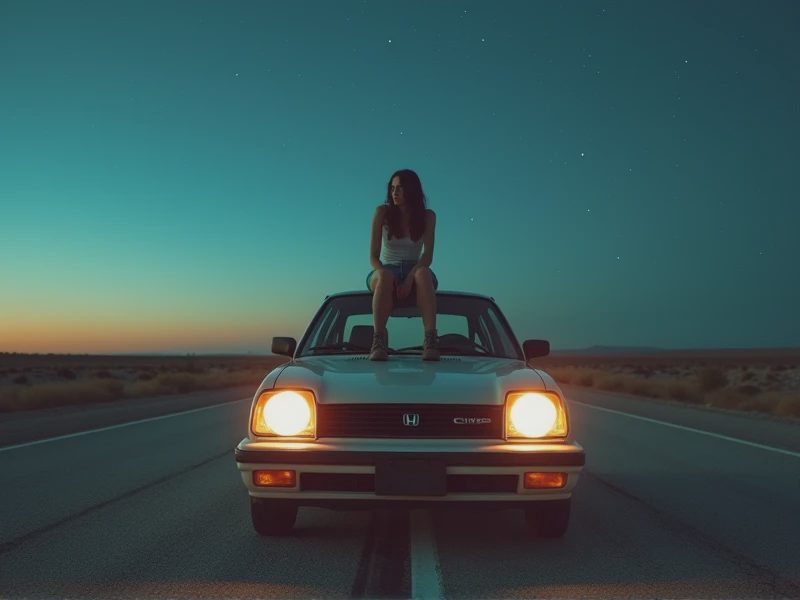 A female driver sitting on the hood of a Honda Civic beside a road