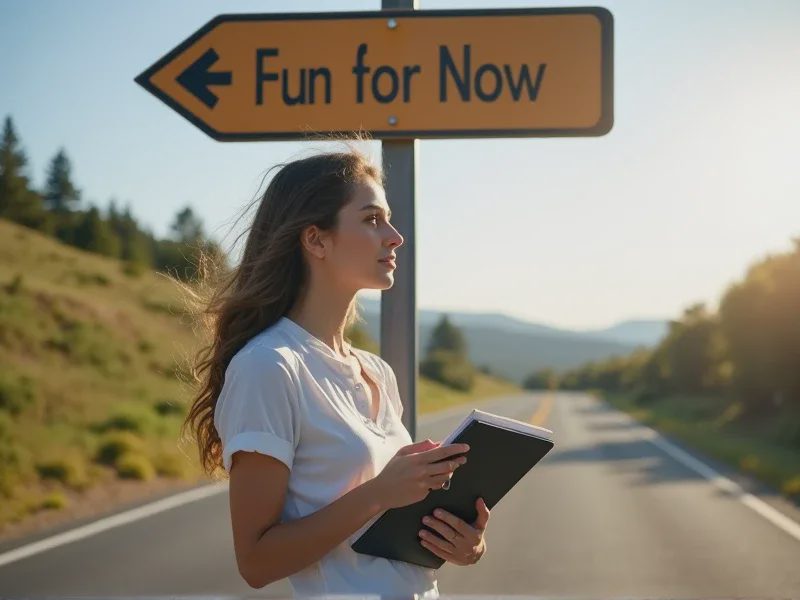 A young woman stands beneath a road sign at an intersection.