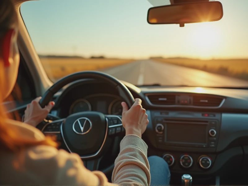 The driver’s hands grip the steering wheel, with a highway and golden grasslands visible outside the window.