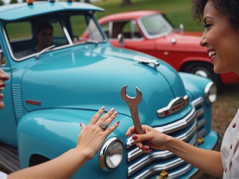 A group of women of different ages and backgrounds gather around a classic car, chatting.