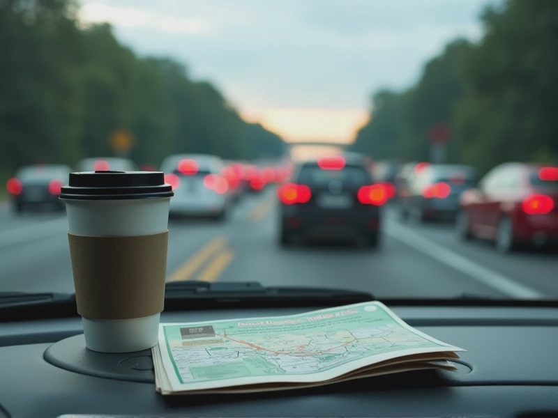 A cup of freshly bought coffee and a map titled “Catskills Trail Map” are placed on the car’s dashboard.