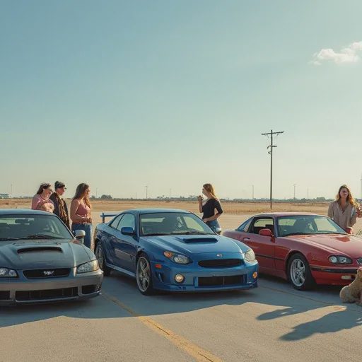 A group of women are standing beside three cars, chatting.