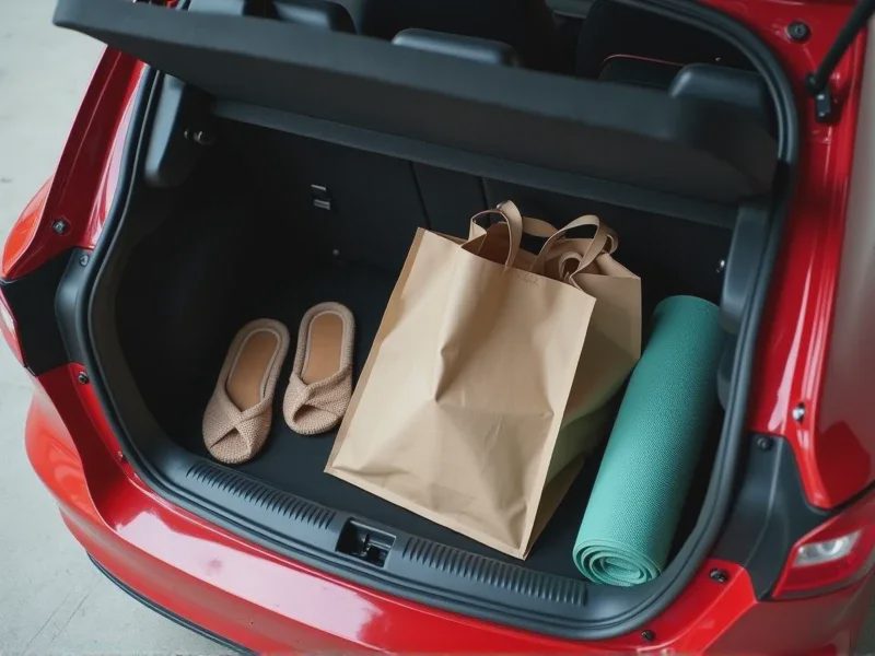The car’s trunk contains slippers, a luggage bag, and a mat.