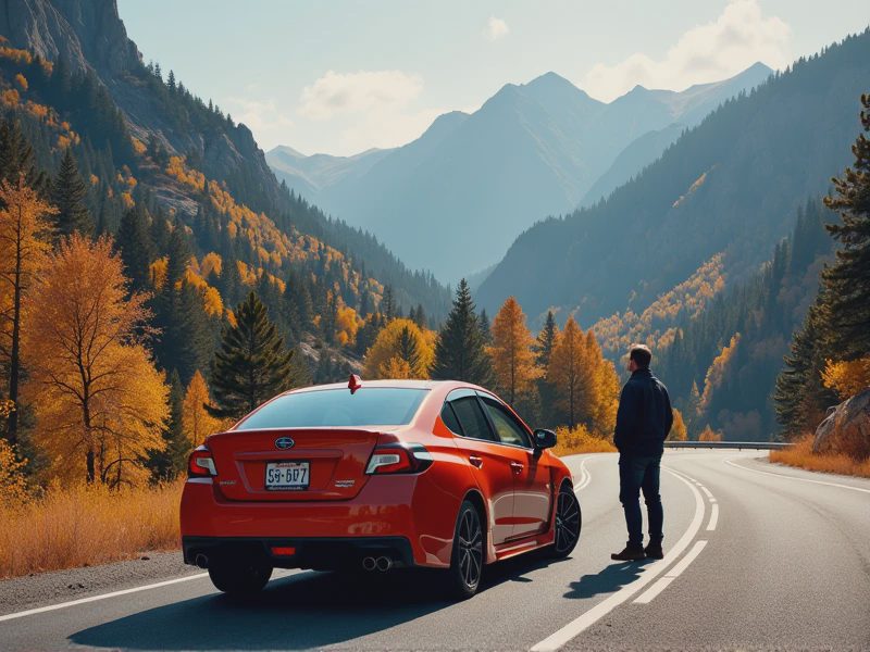 A car is parked beside a viewpoint on Parkway, with the driver standing next to it.