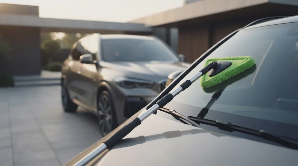 A premium car windshield cleaning tool with a silver telescopic handle and bright green triangular microfiber head leaning against the windshield of a modern luxury car parked in a clean outdoor driveway.