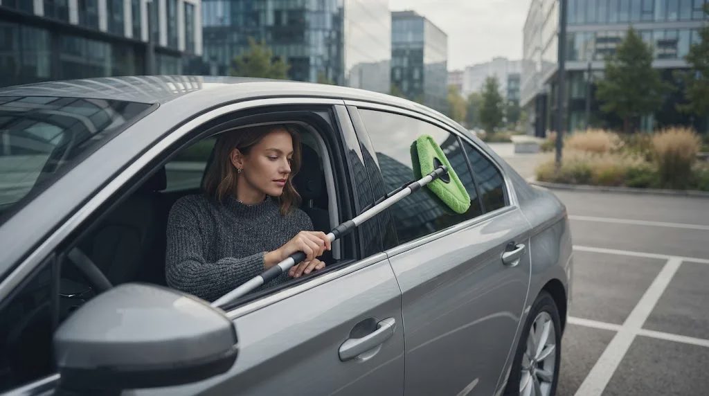 A stylish young woman sitting inside a modern car, using an extendable windshield cleaning tool with a bright green triangular microfiber head to clean the exterior side window in a contemporary urban setting.